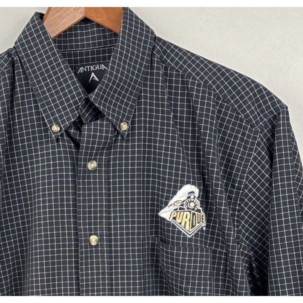 PURDUE Dress Shirt Mens Small  Black Check Button Up Long Sleeve Train Antigua